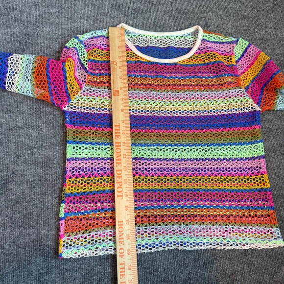Crochet Rainbow Striped Mesh Long Sleeve Top Women's Multi Color Sheer Festival - Picture 8 of 8